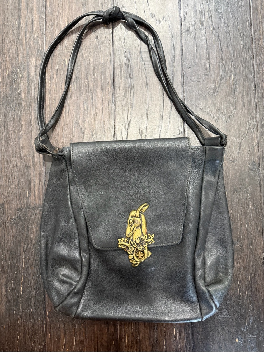 Collins Classic Black Leather Shoulder Bag with Gold Horse Accent